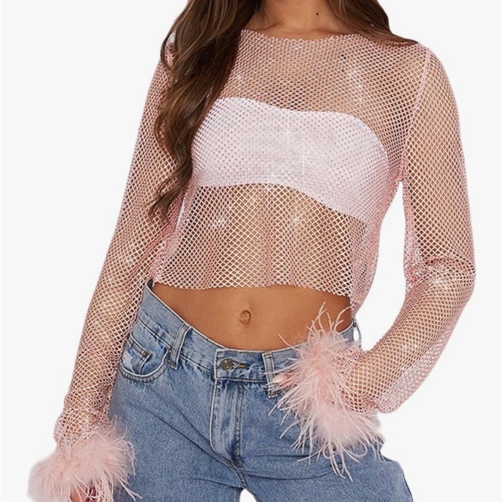 Amazon Pink Embellished Crop Top with Feather Trim